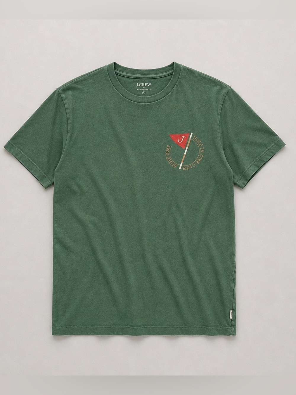 J. Crew Forest Green Short Sleeve Crewneck with Red Flag Graphic